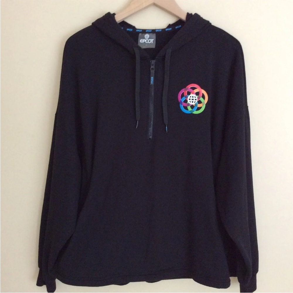 Disney Women's Epcot Center 1/4 Zip Pullover Hoodie Black Colorful Logo Size XXL
